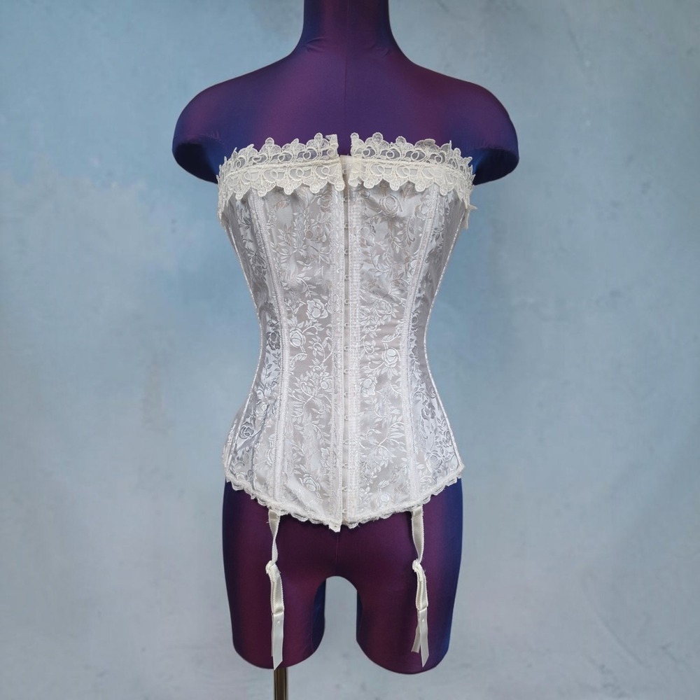 Vintage Fredericks of Hollywood White Floral Damask Lace Corset Garter Top 36